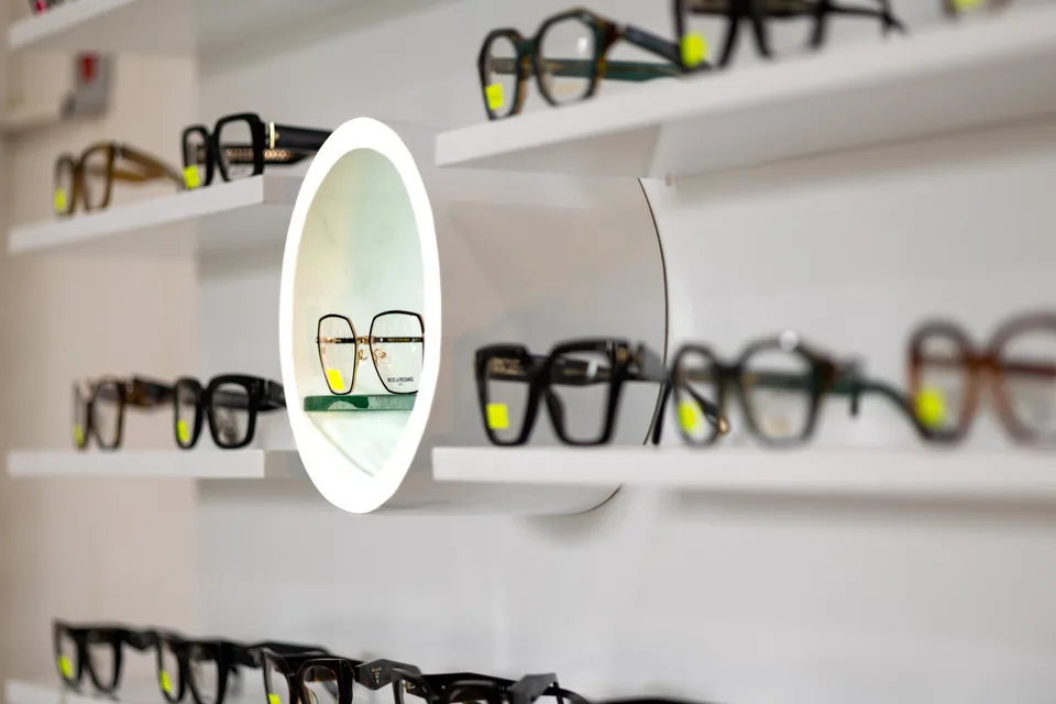 Eyeglass frames displayed at Lead Opticals in Oyarifa, Accra