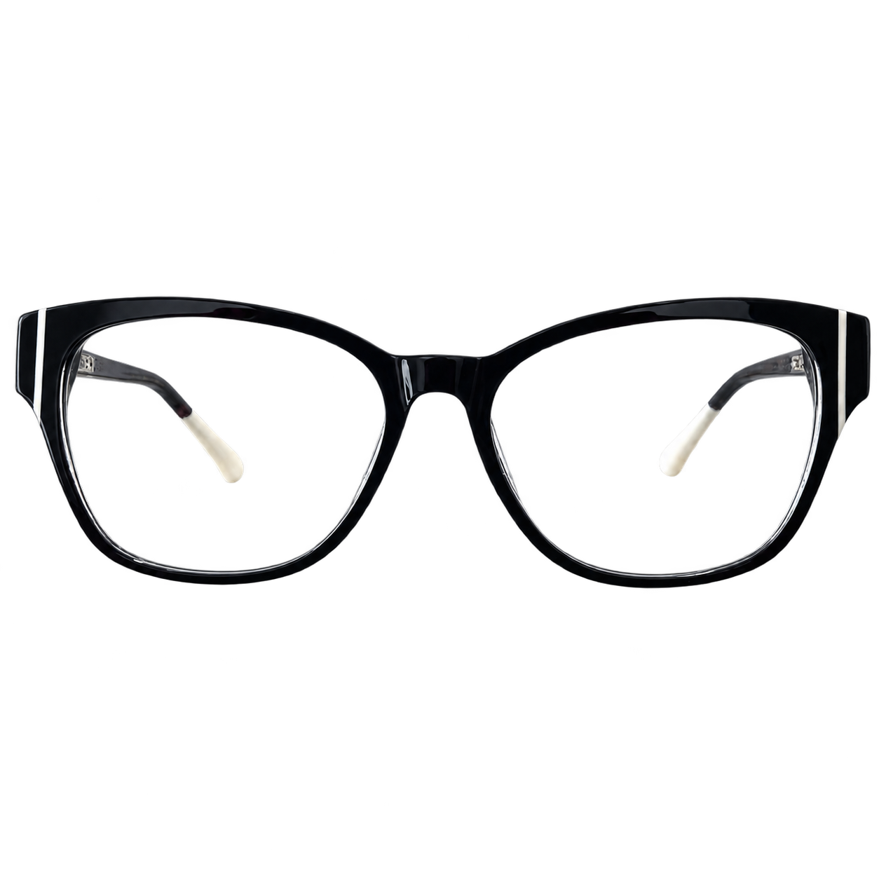 Glossy black cat-eye eyeglasses with ivory corner stripes, front view