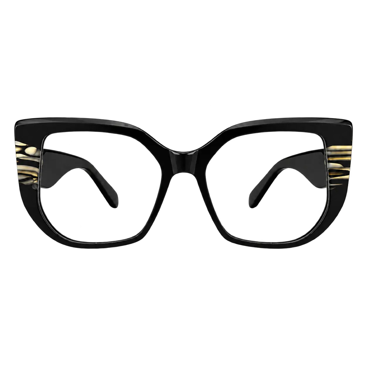 Glossy black oversized square eyeglasses with cream and gold striped accents, front view
