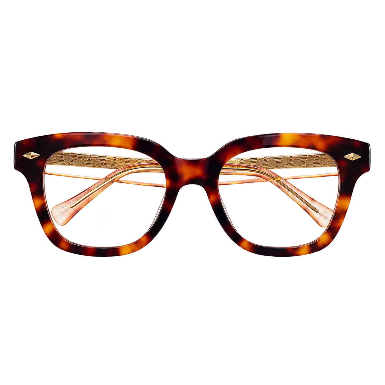 Clearly burgundy tortoiseshell square eyeglasses with champagne temples, front view