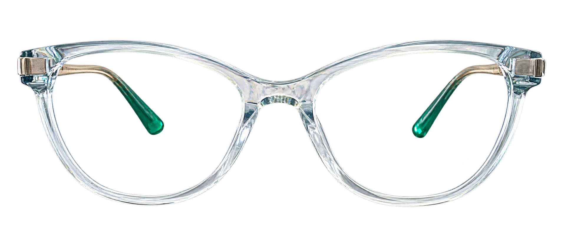 Transparent crystal and mint-green cat-eye eyeglasses, front view