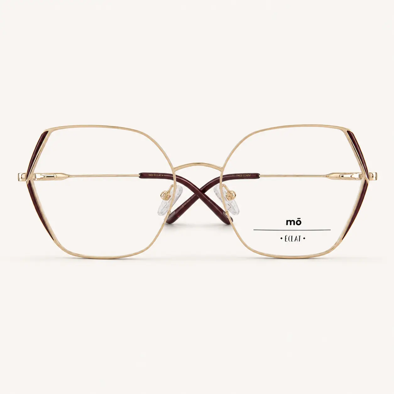mō ÉCLAT DAFNE gold and burgundy geometric eyeglasses, front view