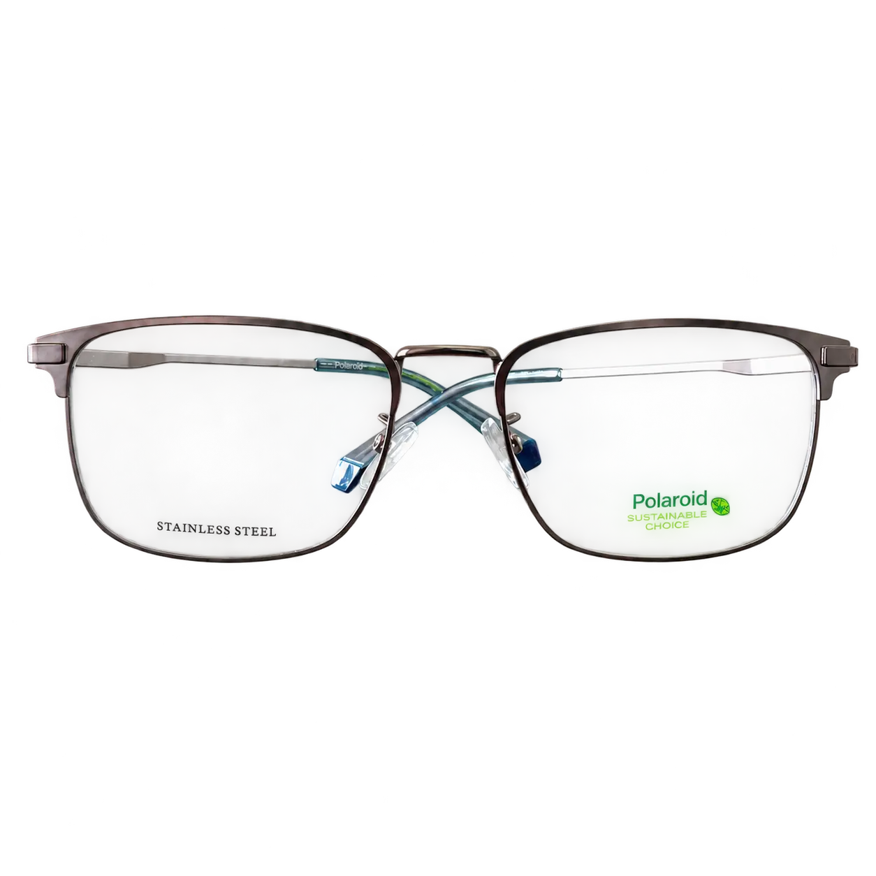 Polaroid PLD D440/G gunmetal rectangular eyeglasses with blue temple tips, front view